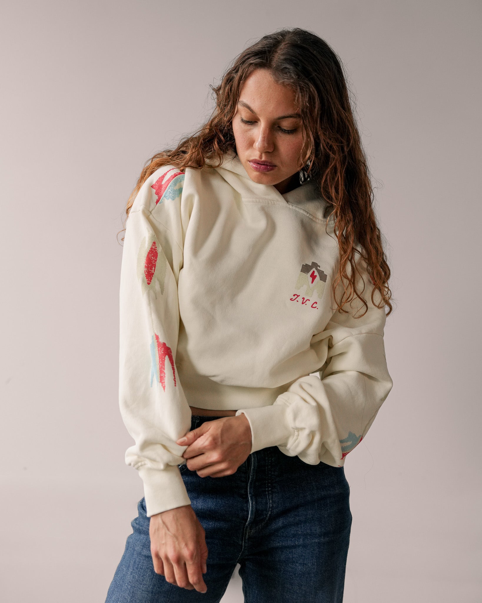 Two Arrows Cream Cropped Hoodie