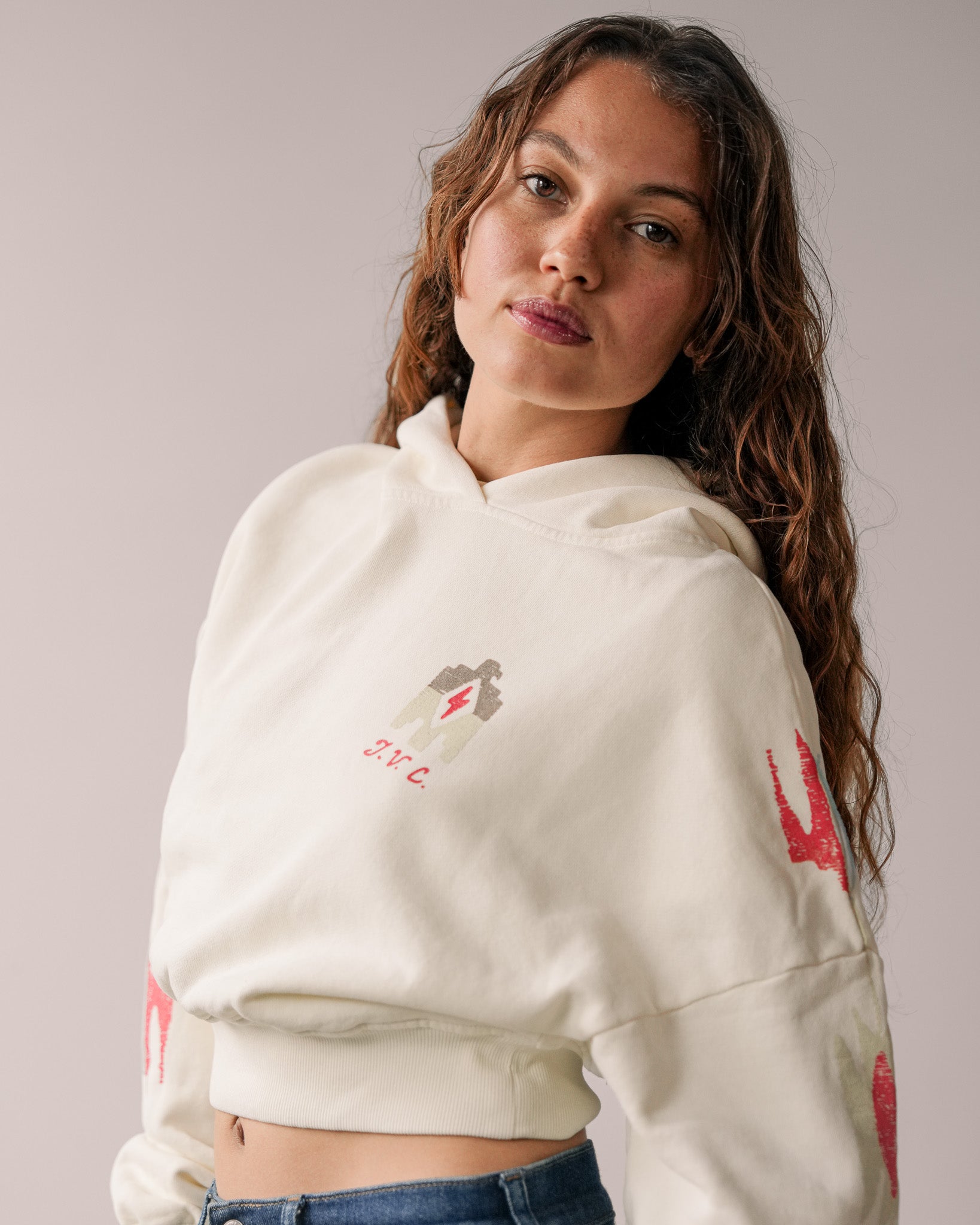 Two Arrows Cream Cropped Hoodie