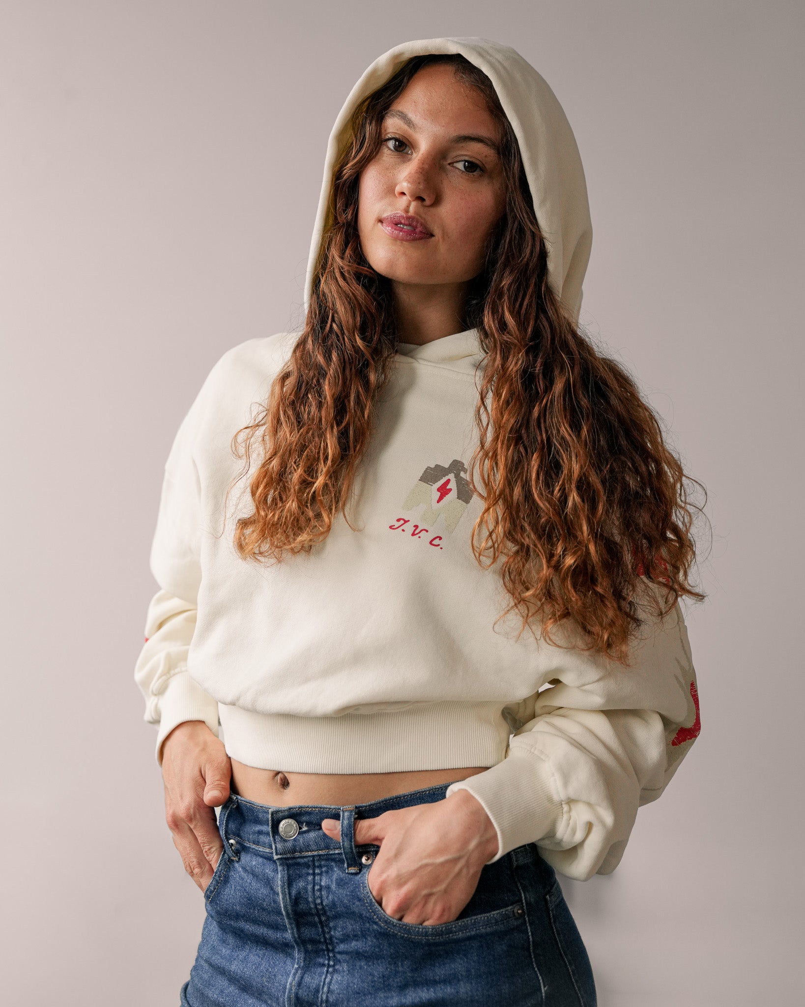 Two Arrows Cream Cropped Hoodie