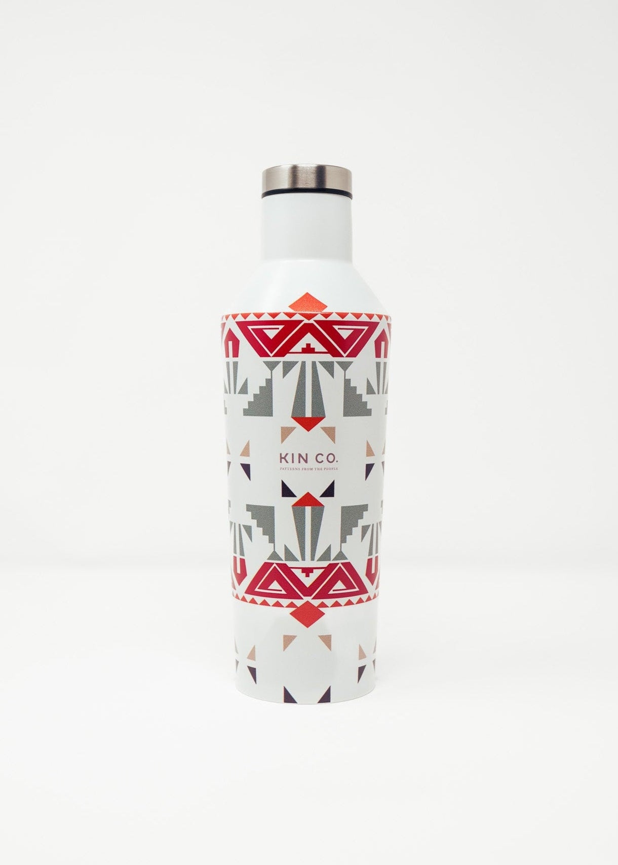 Three stainless steel water containers with geometric patterns, featuring a variety of colors.
