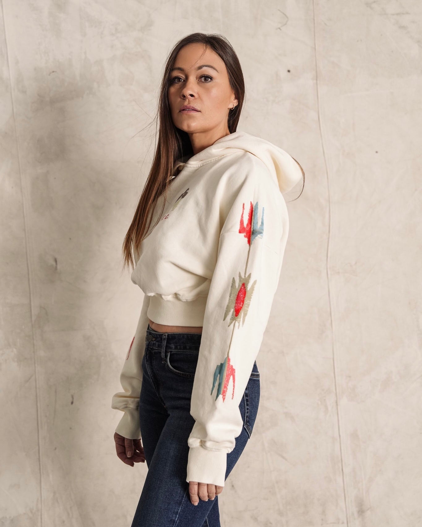 Two Arrows Cream Cropped Hoodie
