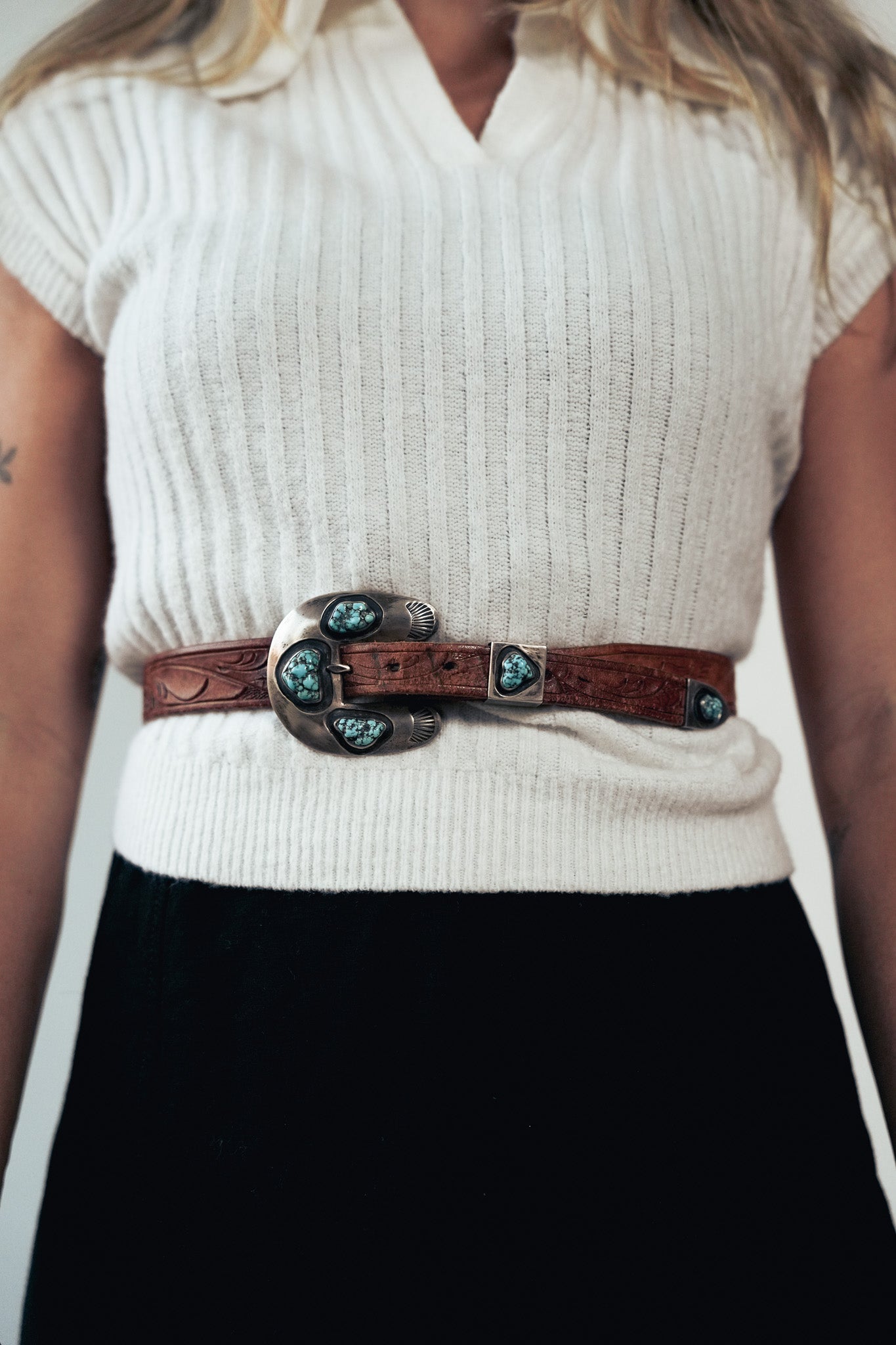 Vintage Turquoise Nugget Buckle & Leather Belt